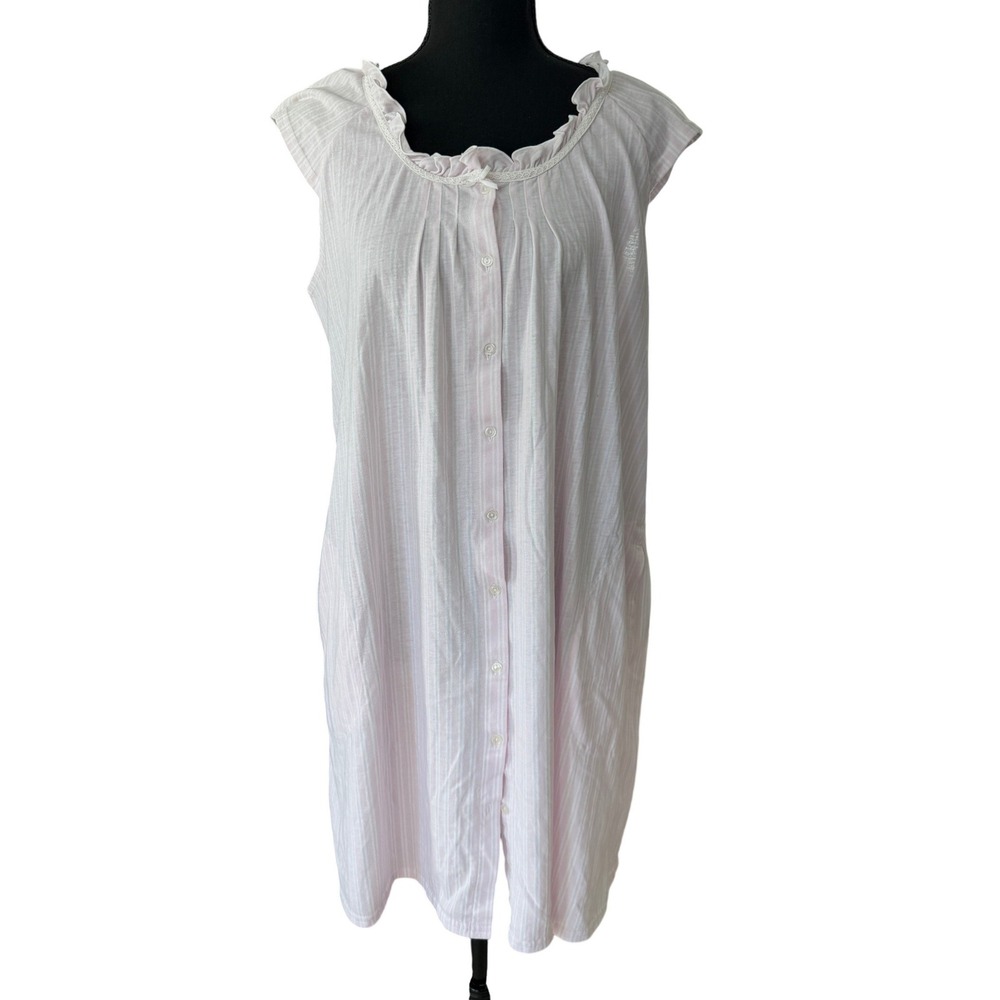 Miss Elaine Pink White Striped Button Front Nightgown Sleepwear Lounge Size L